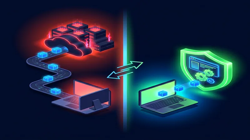 Split view: unsafe cloud AI data exposure on the left vs local zero-trust processing on the right — Is Claude AI Safe for Confidential Data? Claude vs PrivacyScrubber