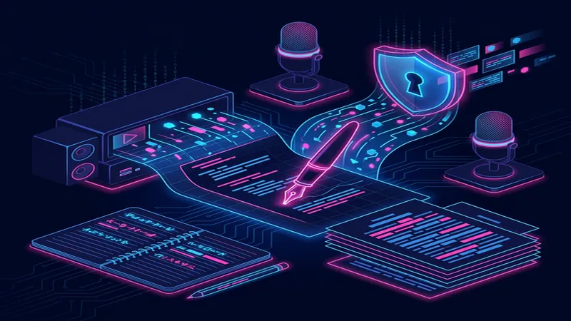 Fountain pen with journalist source-protected manuscript data flowing to AI safely — Writer's & Creator's Guide to AI Privacy: Protect Sources, IP & Real People