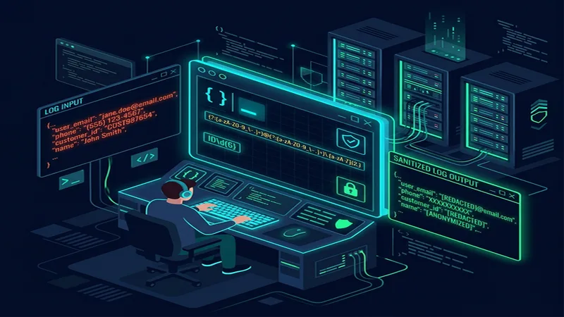Developer terminal showing PII scrubbing code filtering logs before AI debugging tools — How to Sanitize Server Logs for AI Debugging