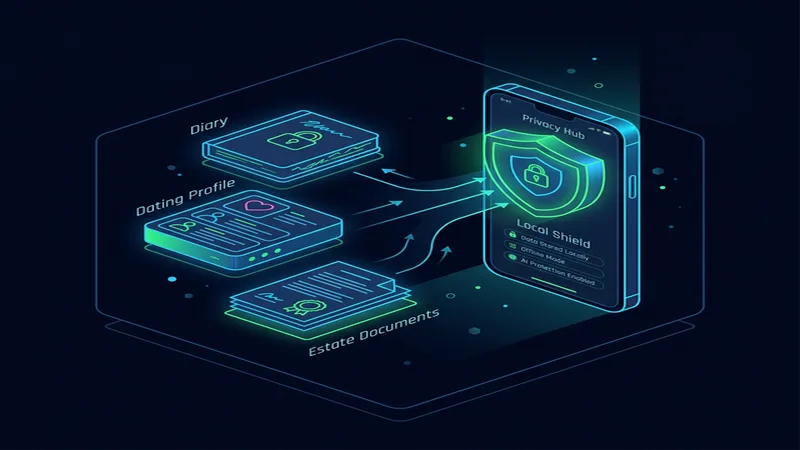 Smartphone with personal data flowing through a local browser privacy shield — Personal AI Privacy Guide: Write, Plan & Create Without Exposing Yourself