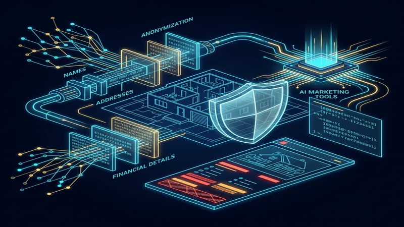 Real estate blueprint with tenant PII anonymized before AI marketing tools — Real Estate Agent's Guide to AI Privacy & Tenant Data Protection