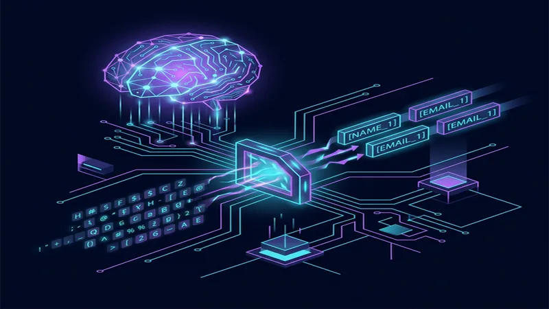 AI brain processing anonymous tokens through a PII redaction filter — [NAME_1] [EMAIL_1] — ChatGPT Data Privacy: What ChatGPT Does With Your Prompts