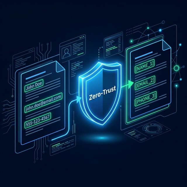 Zero-Trust PII Detection pipeline — raw document with PII passes through the PrivacyScrubber shield, producing anonymized tokens like [NAME_1] and [EMAIL_2]