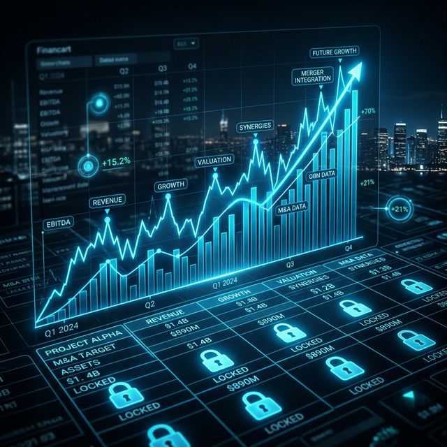 A sleek, cinematic finance illustration of a glowing blue chart overlaying locked spreadsheet cells, representing secure M&A and financial data.