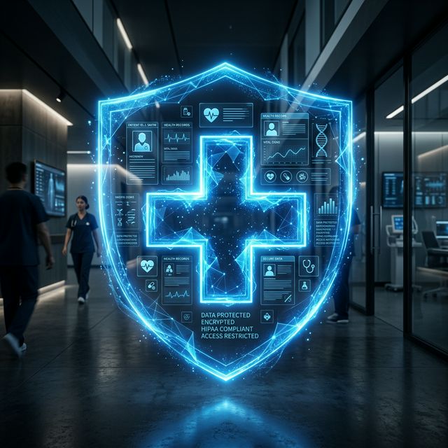 A sleek, cinematic healthcare illustration of a glowing blue medical cross shielding patient records and health data, representing HIPAA compliance.