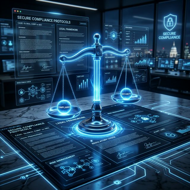 A sleek, cinematic legal illustration of a glowing blue scales of justice resting on digital UI documents, representing secure compliance.