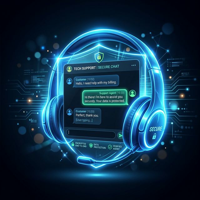 A sleek, cinematic customer support illustration of a glowing blue headset protecting a tech chat interface.